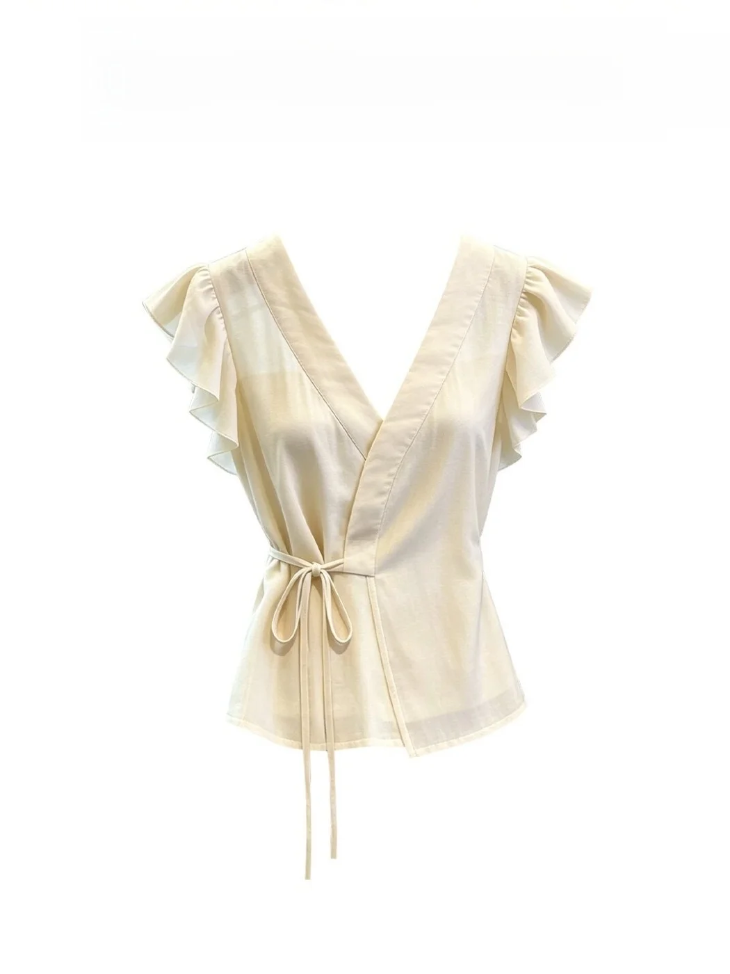 

Slimming Knot Shirt Fashionable Summer 2026 Women's Korean Style V-neck Short Sleeve White Beige Color Young-looking Fly Slee...