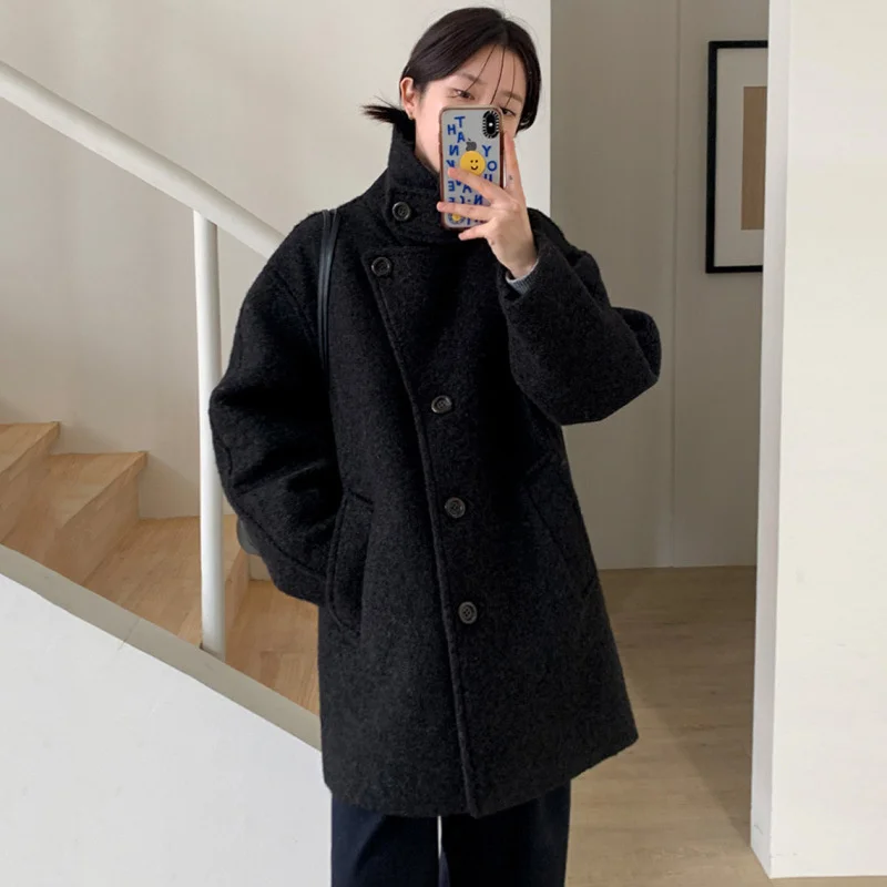 Instagram Blogger Woolen Coat Female Korea Button-down Commuter Collar Diagonal Button Design Woolen Coat Average Size Coat Top