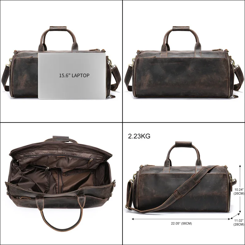 New Men's Crazy Horse Leather Travel Bag, Genuine Leather Suitcase, Top Layer Cowhide Foldable Suitcase Storage Bag, Fitness Bag