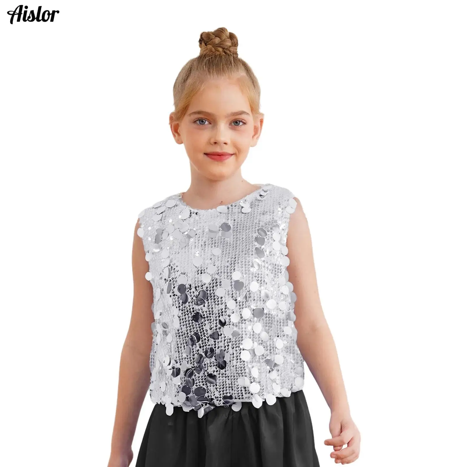 

Kids Girls Sparkling Sequins Tank Top Jazz Latin Tango Dance Top Sleeveless Vest for Birthday Party Ballroom Stage Performance
