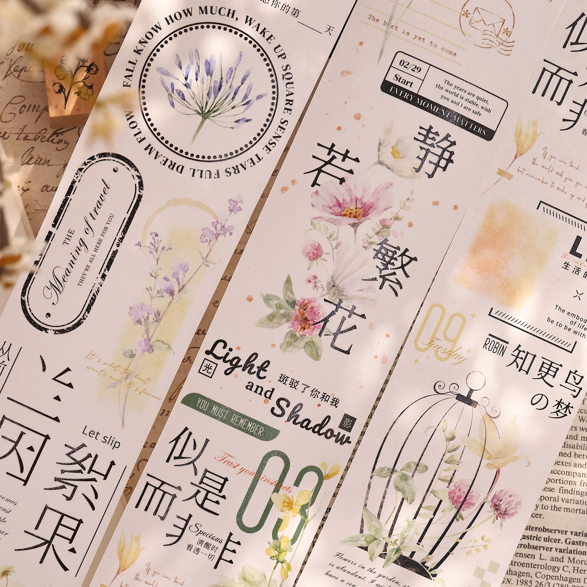

4.9 New Washi PET Tape Roll [Four Times Whispering] Retro Chinese English Flower Text Journaling Supplies Xiao Bai Jia