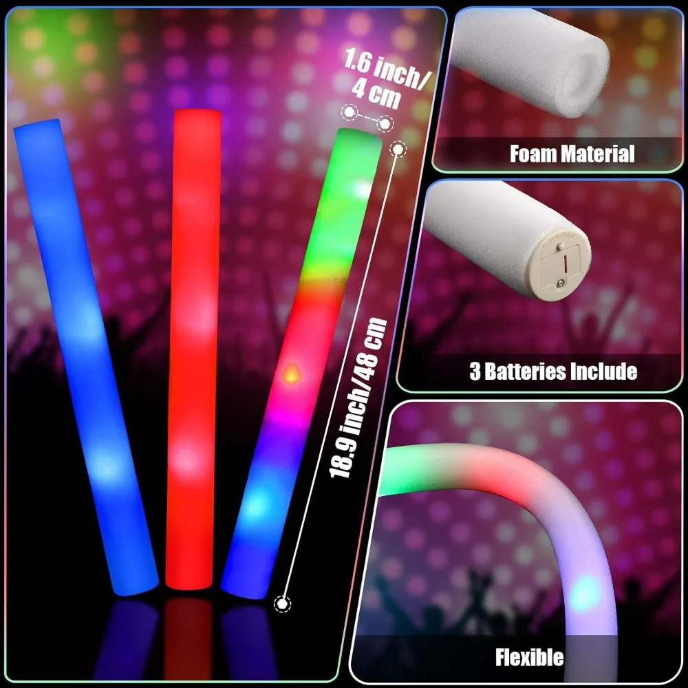 100 Pcs LED Foam Sticks, Glow Sticks Foam with 3 Modes Flashing Bulk Light Up Glow Sticks Party Favors Wands