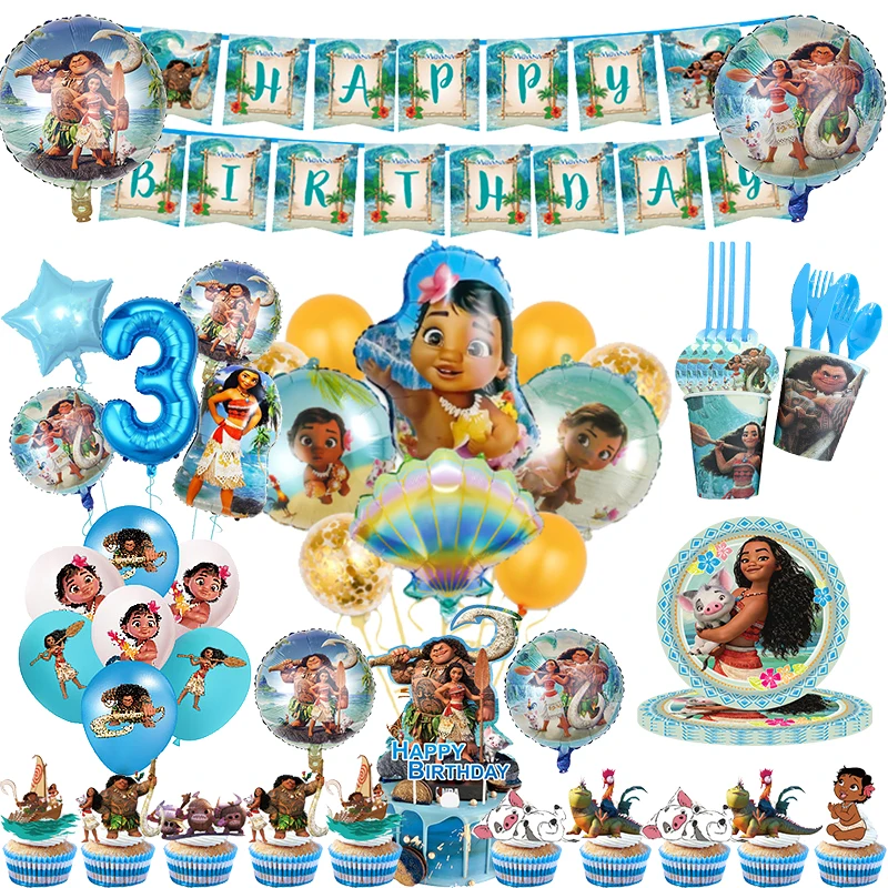 Disney Moana Birthday Decoration Balloons Tableware Kit Backdrop Banner Vaiana Moana Theme Baby Happy Birthday Party Deco Supply