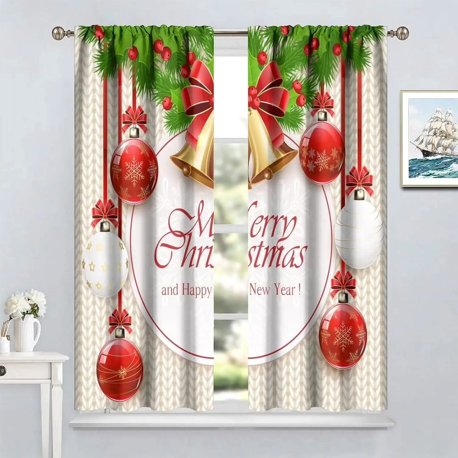Merry Christmas Ball Window Treatments for Living Room Bedroom Kitchen Holiday Party Decor, Gold Silver Glitter New Year Drapes