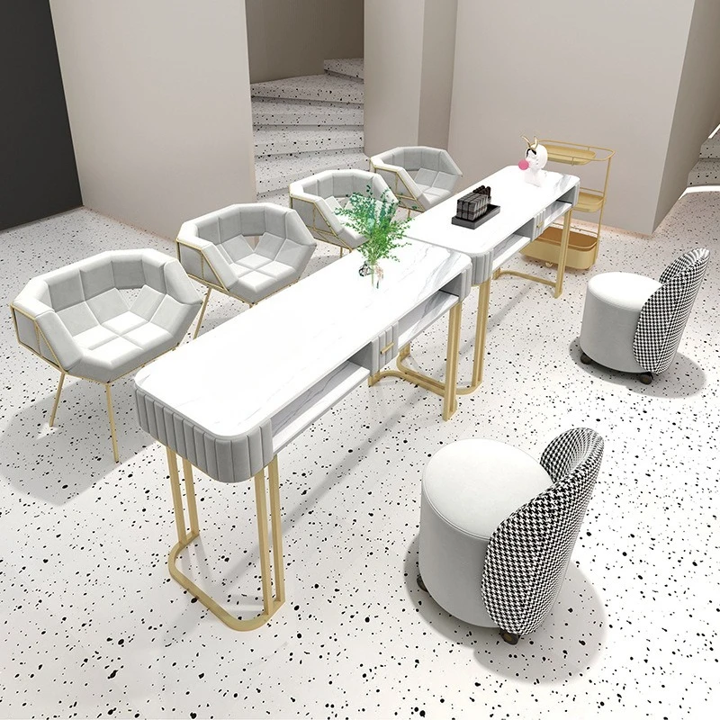 مجموعة طاولة مانيكير وكرسي راقية، طاولة مانيكير فردية ومزدوجة لمشاهير الإنترنت، رخامية