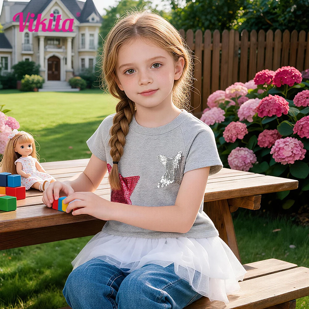 VIKITA Kids Clothes Girls Pink Silver Star Reversible Sequins Appliqued Grey T Shirt Kids Tops and Tees with Tulle Hem 98-104cm