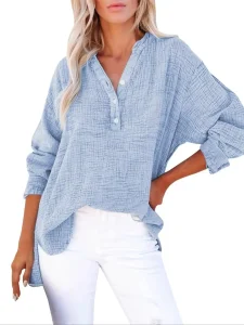 

Плюс размер 1XL-5XL Женские повседневные рубашки на пуговицах Осень-весна Свободные складки Рубашки с v-образным вырезом и длинными рукавами Однотонные блузки Топы