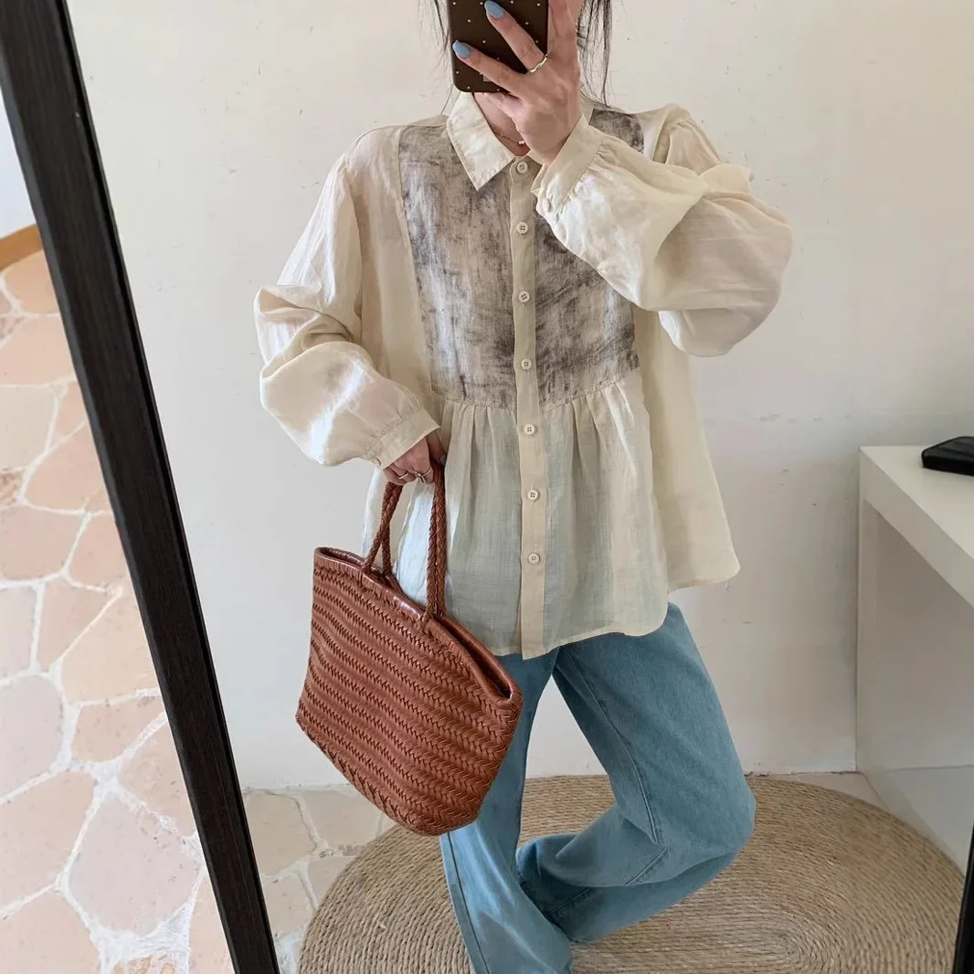 

Design sense niche color matching ink lapel long-sleeved shirt women's 2025 spring and summer new thin temperament shirt