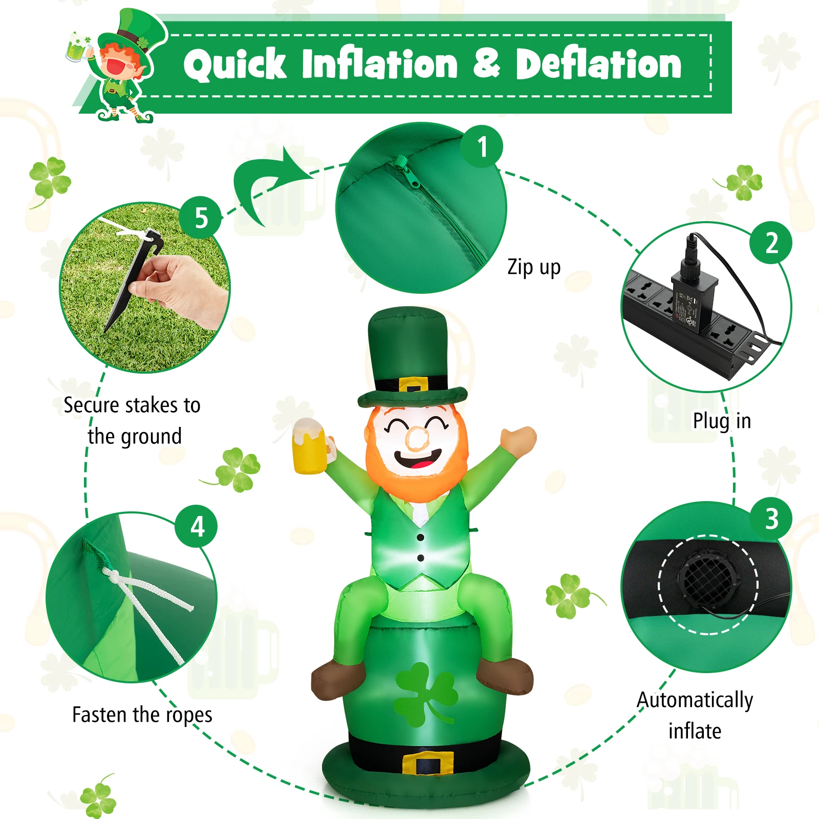 5 FT St Patrick's Day Inflatable Decoration Leprechaun Sitting on Hat for Yard