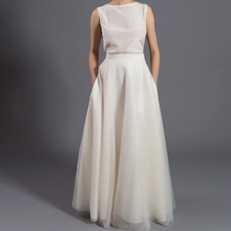 

2021 Elegant Long Soft Tulle Skirts With Pockets High Quality Floor Length Tutu Skirt Zipper Style Women Wedding Party Skirt