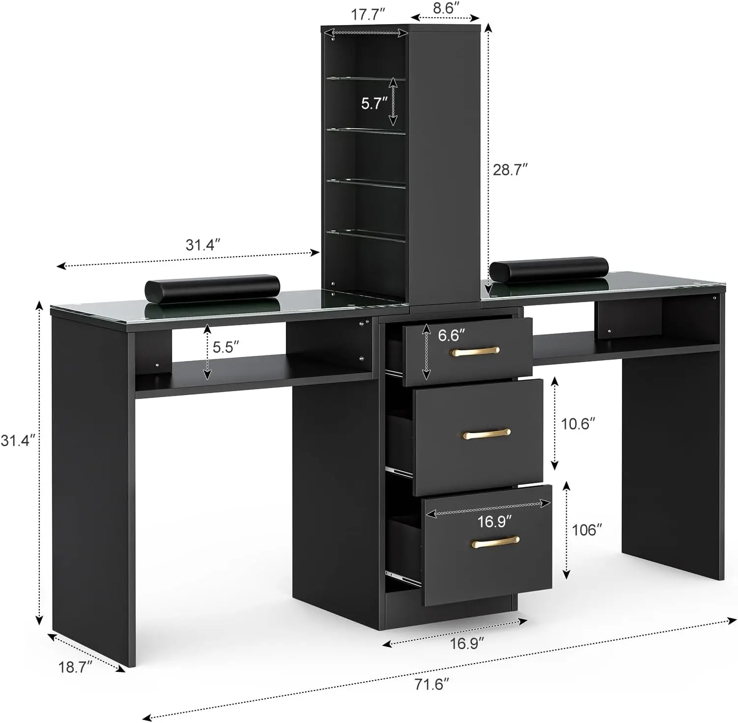 Manicure Table, Nail Desk for Nail Tech w/Glass Top & Wrist Rest, Nail Beauty Workstation w/3 Storage Drawers