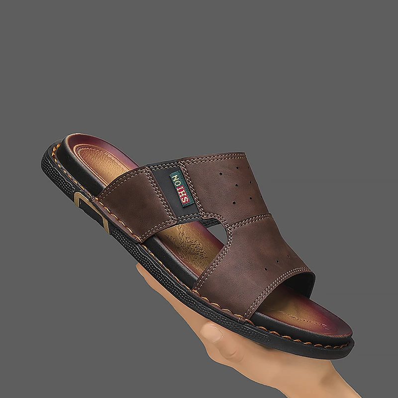 Super Sized Men's Sandals Classic Leather Slippers 2026 Summer New Soft Soled Black Slippers Lightweight Outdoor Men's Slippers