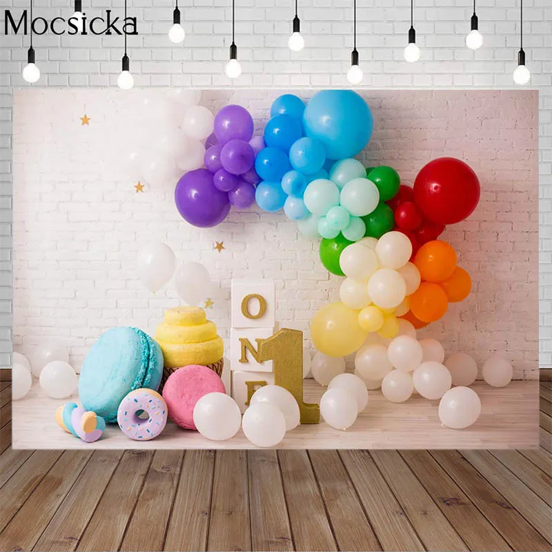 

Rainbow Balloon Background Photography Newborn Cake Smash Backdrops White Brick Wall Donut Decor Kids 1st Birthday Party Props