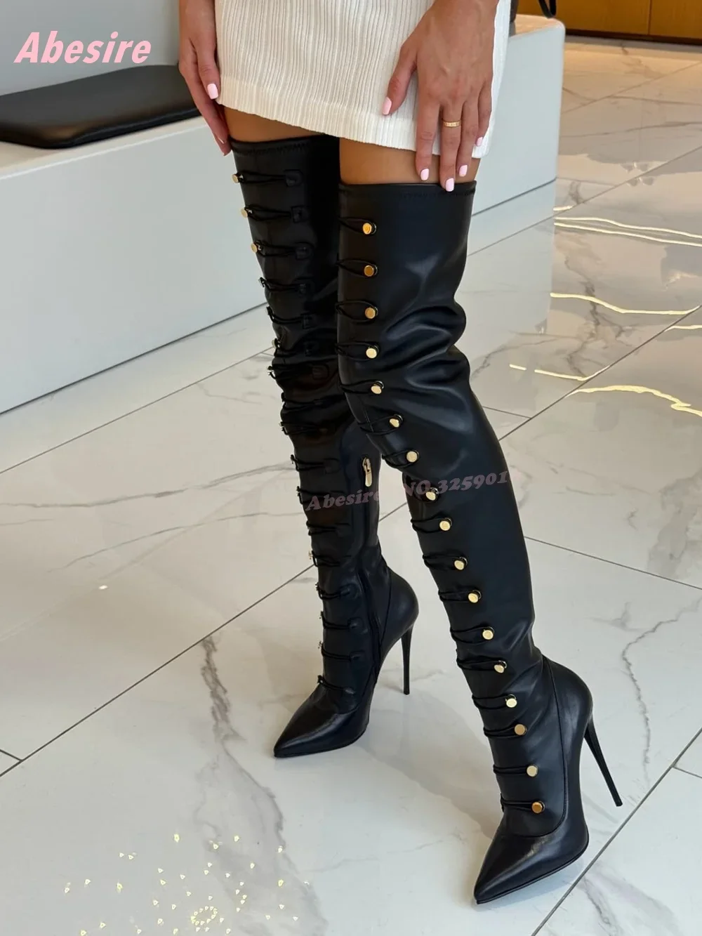Side Zipper Pointy Toe Over The Knee Boots for Women Black Button Stiletto Heels Thigh High Boots New Winter Shoes Luxury