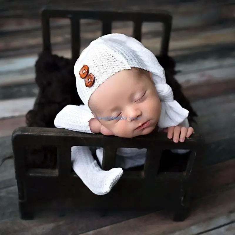 K9ff 2 pcs/set rajutan jumpsuit ekor panjang untuk bungkus kepala turban beanie topi fotografi bayi baru lahir alat peraga bayi