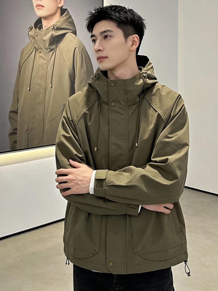 

Мужская уличная рабочая куртка с капюшоном, повседневная, спортивная, простая, ветрозащитная, с длинными рукавами, на молнии, с деталями, стандартный крой