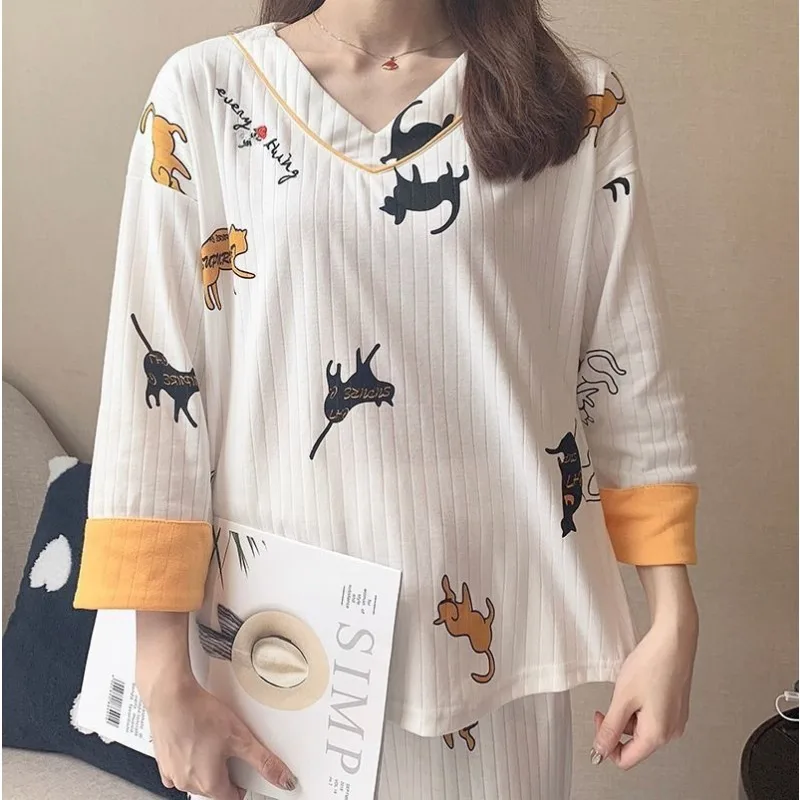 2023 New V-neck Pajama Set for Girls Loose Cotton Long Sleeve Trousers Home Spring Autumn Ladies Nightwear