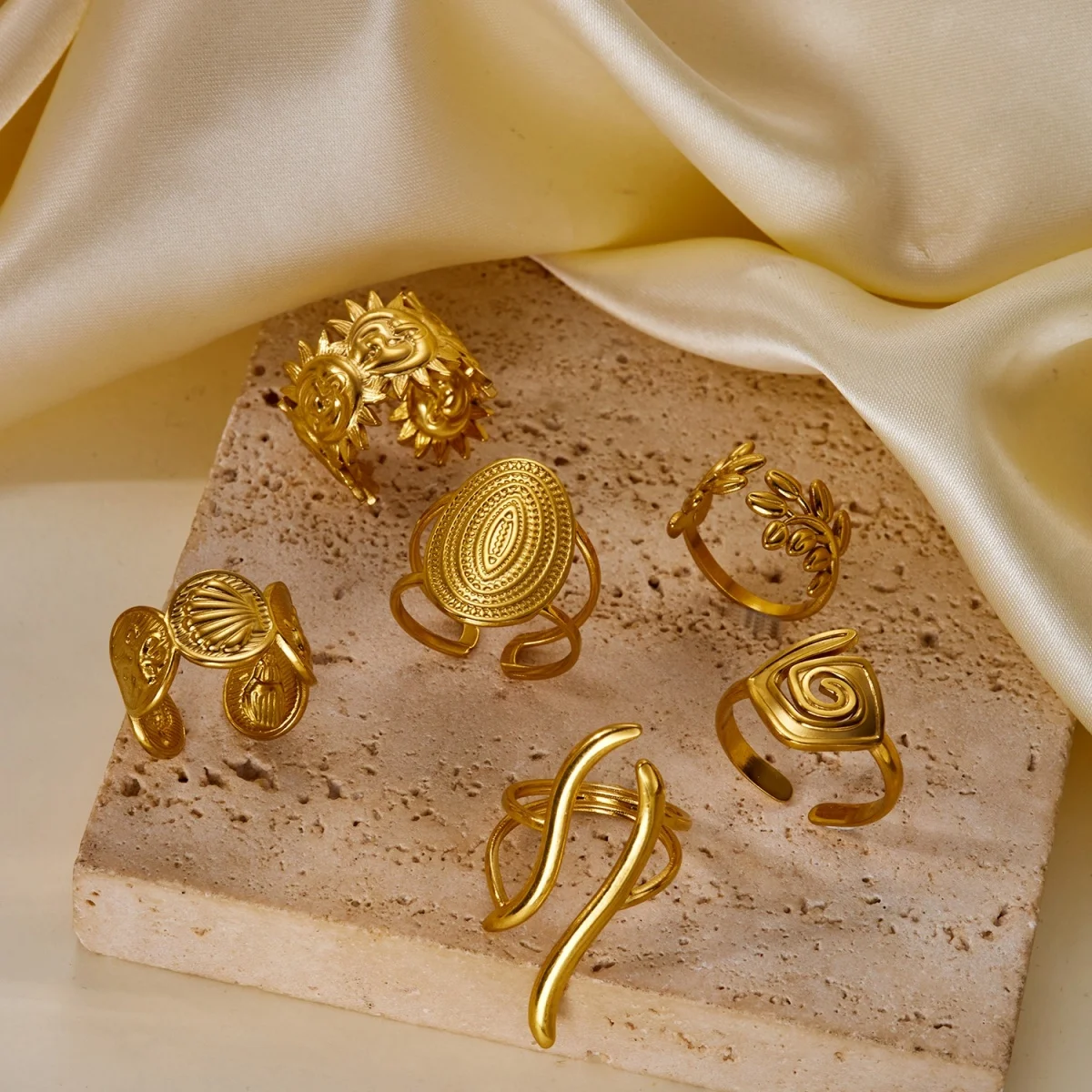 Vintage Edelstahl-Ringe mit Sonnenblumen- und Blattmuster für Damen und Herren, Punk-Mode, geometrischer Spiral-Oval-Fingerring, Schmuck – Detail 24