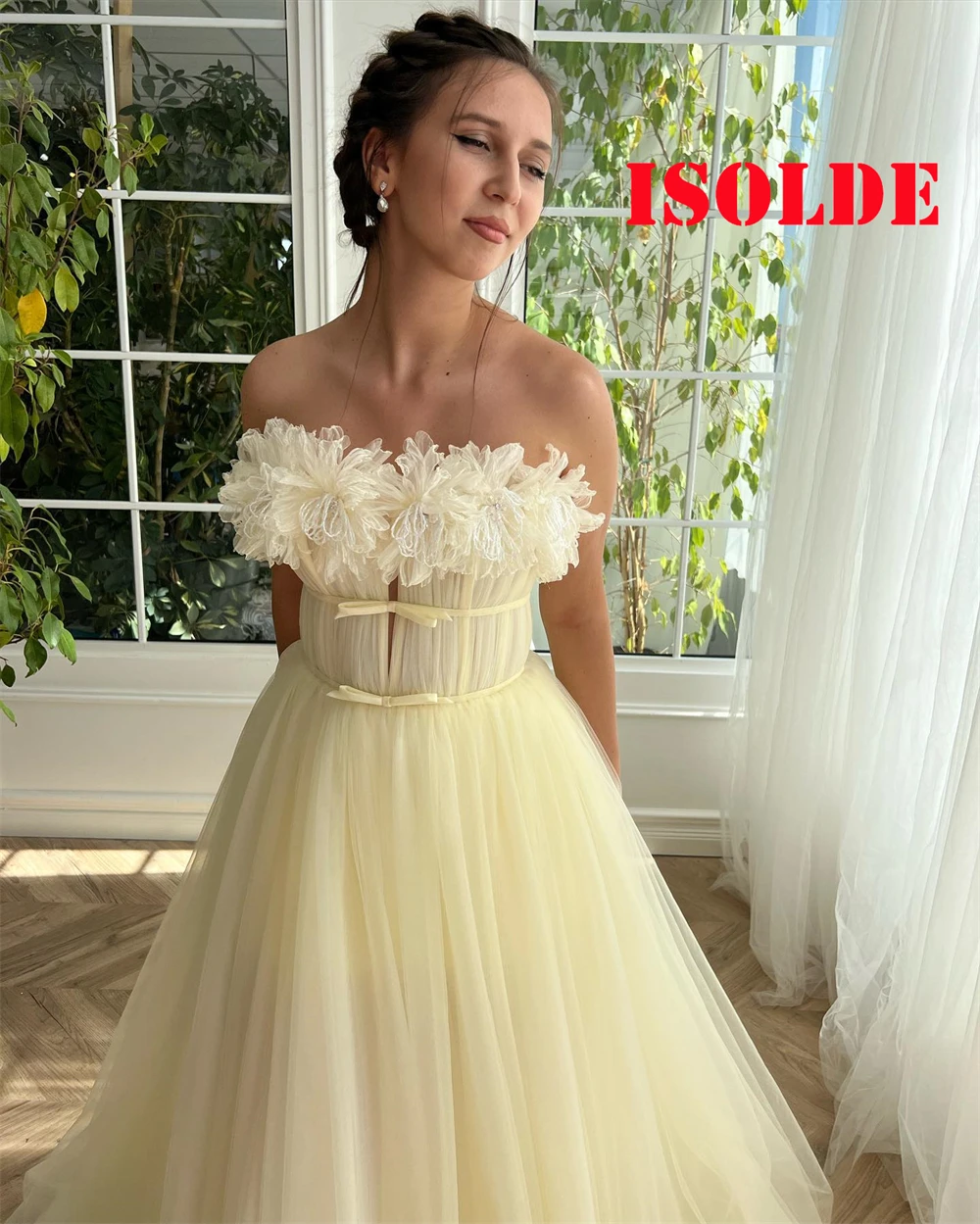 Personalizado simples amarelo tule vestido de noite clássico sem alças sem mangas vestidos de celebridades temperamento vestidos de ocasião especial