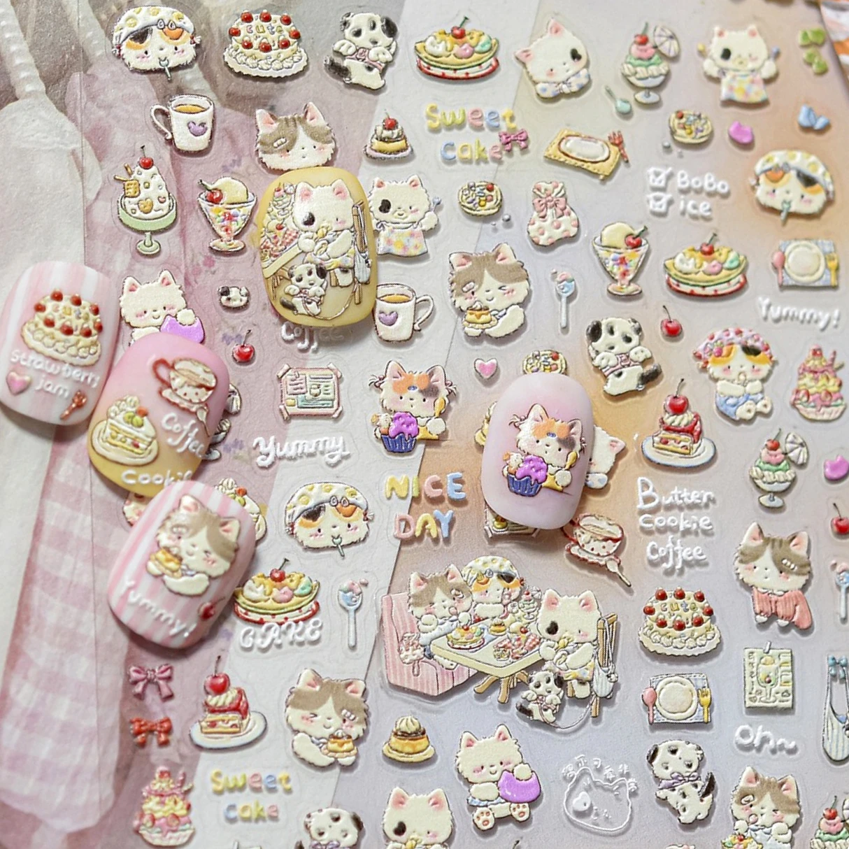 

Cute Cat Cherry Sweet Cake Dog Butter Cookie Coffee Strawberry Jam Ice Cream Adhesive Nail Art Decoration Sticker Manicure Decal