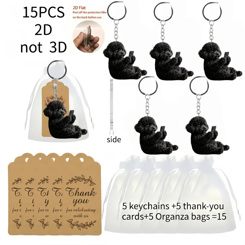 5sets Fun Black Poodle Keychain Includes Acrylic Pendant & Thank You Cards & Gift Organza Bags Car Keys and Backpack Decoration