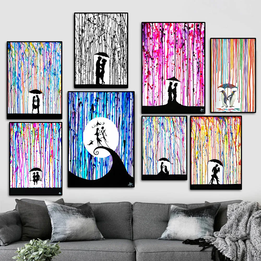 Nordic Abstract Rainbow Lovers In The Rain Canvas Painting Banksy Poster Modern Living Room Corridor Home Decoration Frameless