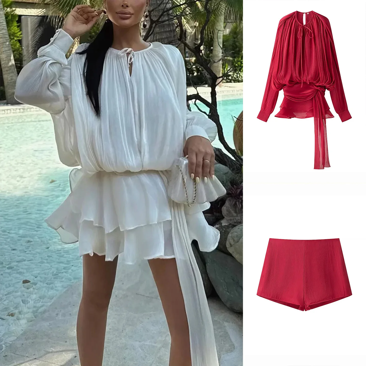 

Новый летний женский свободный круглый топ из тюля Ne Long Sve + комплект orts, плиссированный дизайн Sa, модный комплект из двух предметов