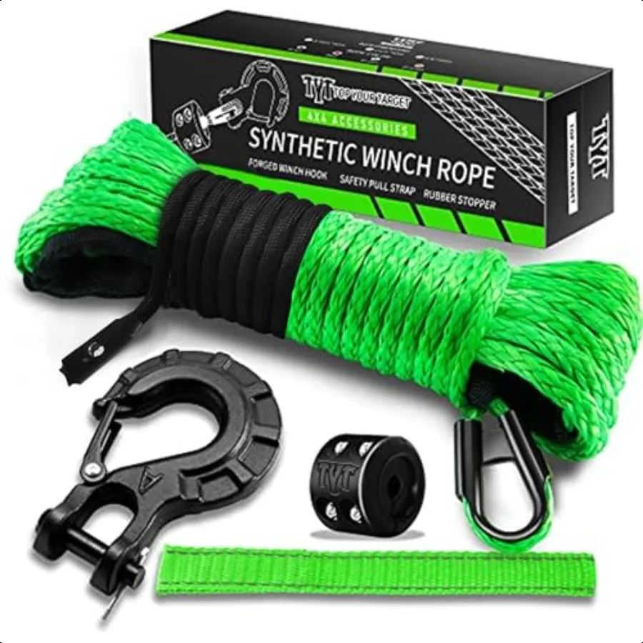 

Synthetic Winch Rope Kit 1 4'' x 50' with 10000 lbs gth Protective Sleeve Heavy Duty Hook Rubber Stopper and Safety Pull Strap