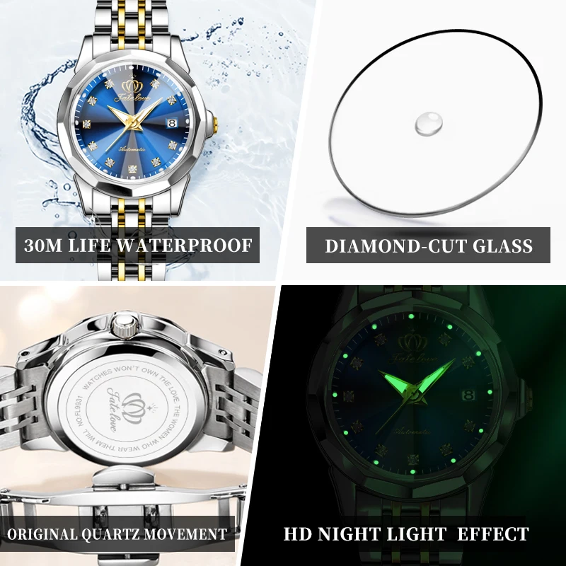 FateLove-ساعة معصم نسائية ، ساعة يد نسائية ، مقاومة للماء مضيئة ، أنيقة ، تاريخ ، أصلي ، هدية لفتاة ، موضة