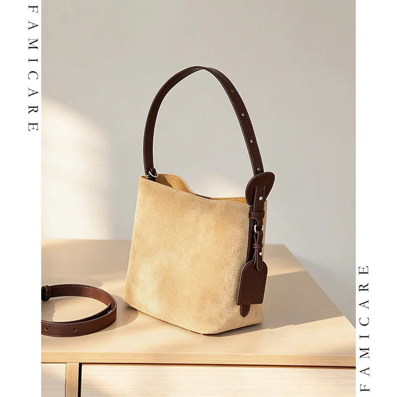 Women Vintage Split Suede Leather Bucket Shoulder Bag Large Capacity Underarm Crossbody Bags Lady Versatile Soft Daily Handbag