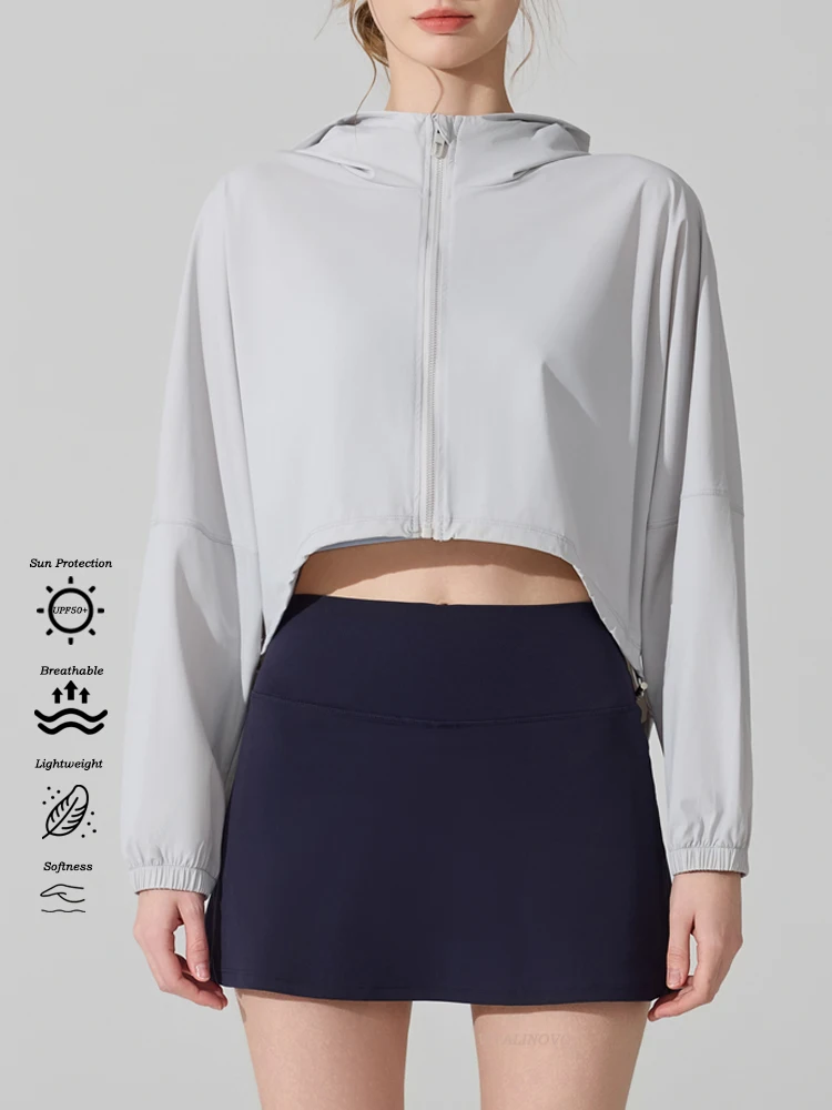 VITALINOVO Women's UPF 50+ Sun Protection Cropped Jackets Zip Up Cooling Shirt Athletic Workout Running Hoodie Sun Cover Up Top