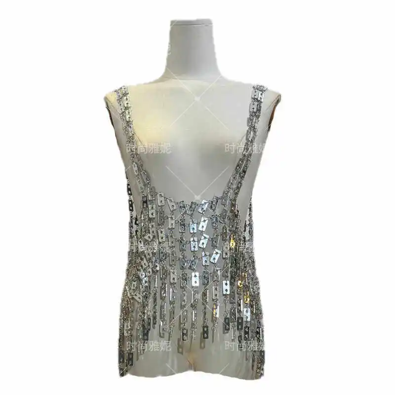 High Quality Heavy Industry Metal Sequin Tassel Vest Music Festival Nightclub Spicy Girl Body Chain Top Sexy Chest Accessory