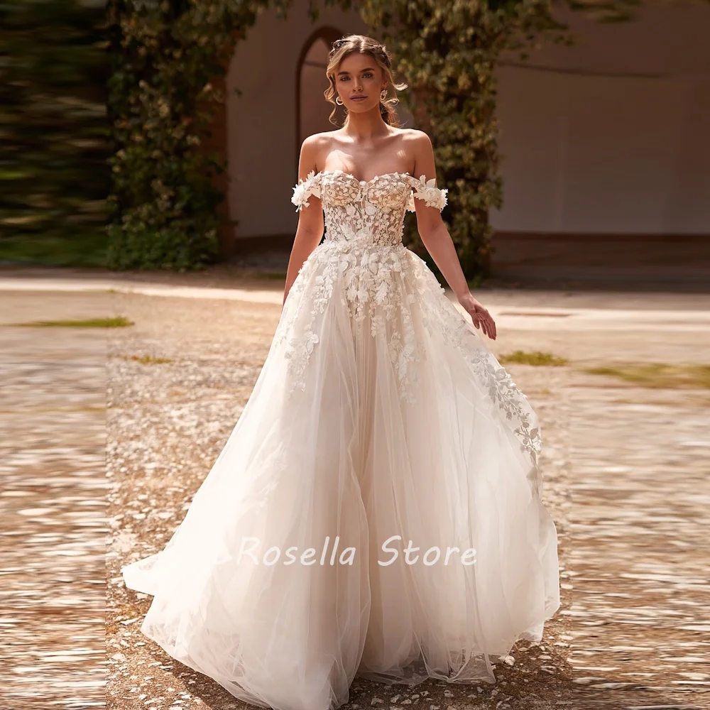 LRosella Vestido de novia con hombros descubiertos, manga corta, corte en A, tul, elegante, estilo exquisito, de lujo, 2024 con cola de barrido