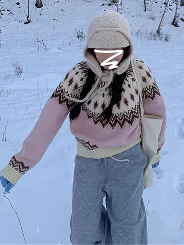 

Розовый трикотаж Fair Isle, женская осенне-зимняя верхняя одежда Thiened Lazy Sle, элитная свободная посадка, длинный све, круглый Ne