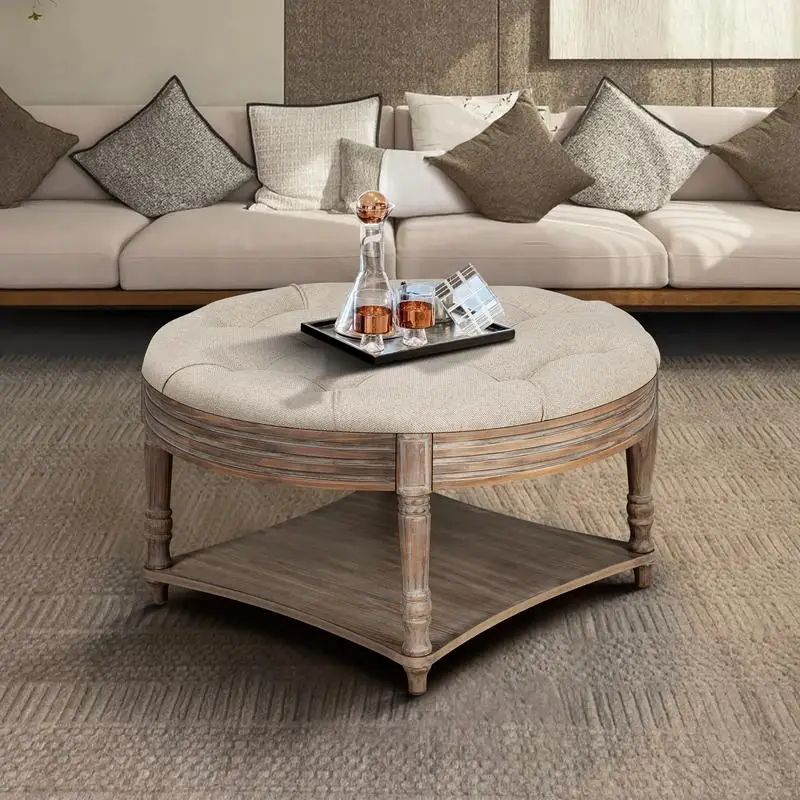 

Oversized Round Waterproof Ottoman Coffee Table with 2-Tier Storage Shelf, Upholstered in Linen, Button Tufted Design for