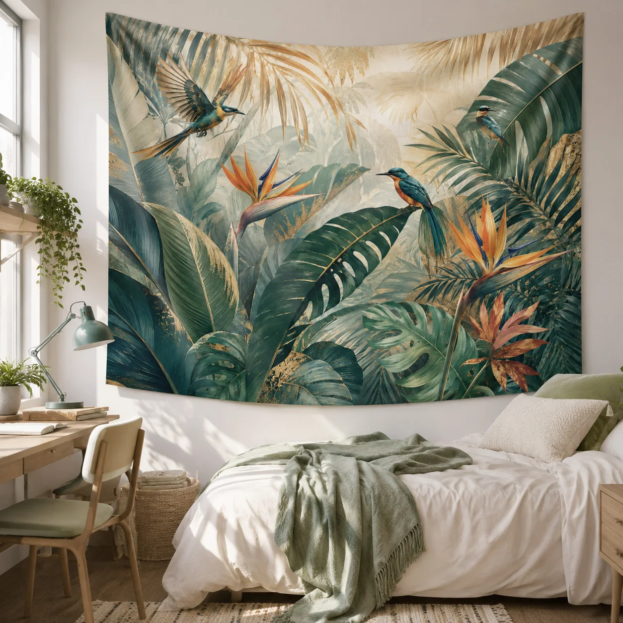 Tropical Jungle Bird Palm Leaf Wall Tapestry Botanical Wall Hanging Aesthetic Home Decor Bedroom Birthday Gift