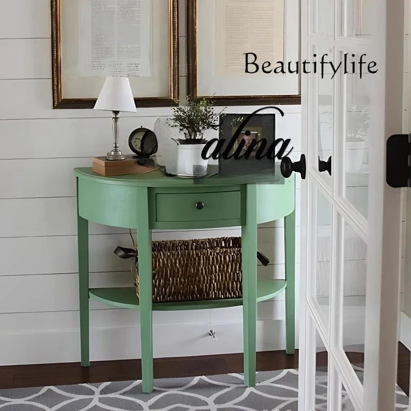 

WM American solid wood porch table semi-round European sofa back a few foyer porch cabinet retro double shelf