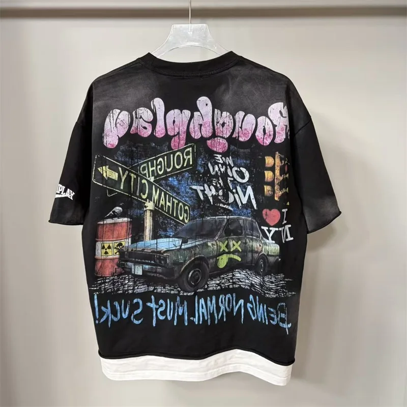 

Мужские футболки с короткими рукавами и принтом автомобиля Rough Play Hot Drill с буквенным принтом в американском стиле ретро из чистого хлопка ROUGHPLAY