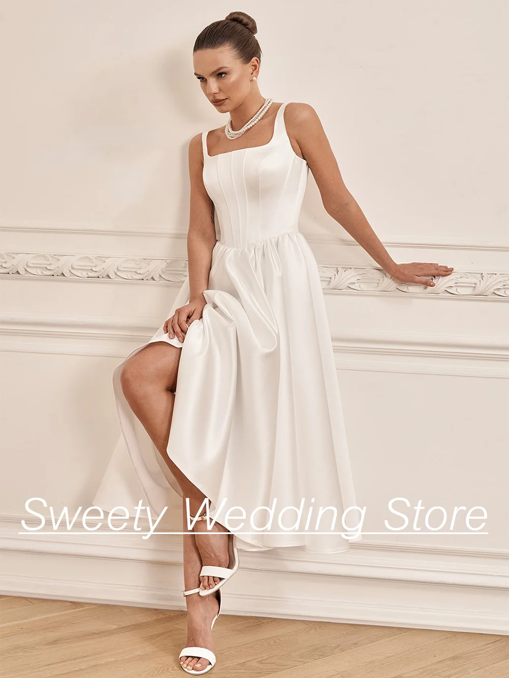 Abito da sposa Sexy in raso senza maniche collo quadrato tasca abito da sposa lunghezza del tè corsetto semplice abiti da sposa Backless colore personalizzato