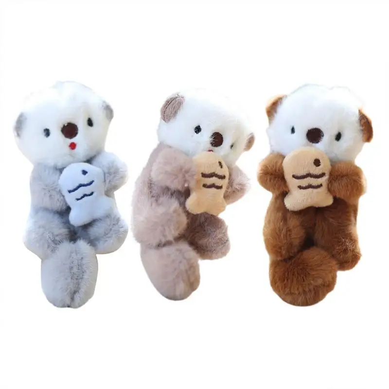 Cute Otters Holding Fish Plush toy soft Stuffed Animal Doll Key rings School Bag Pendant Props Keychain Accessories