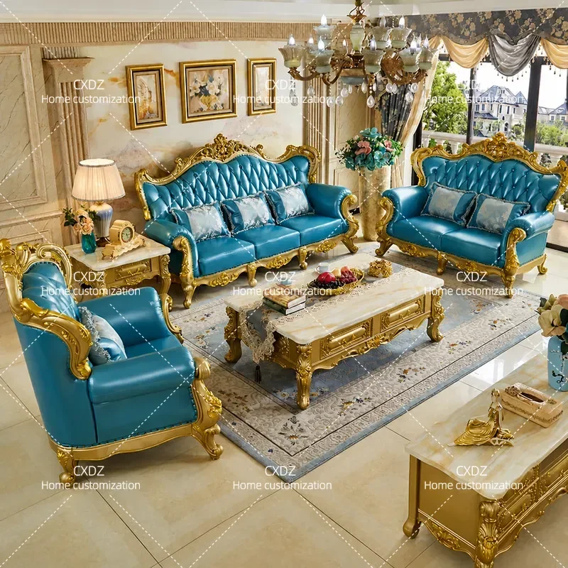 European solid wood leather living room sofa combination 123U type high-end luxury blue furniture classical wholesale