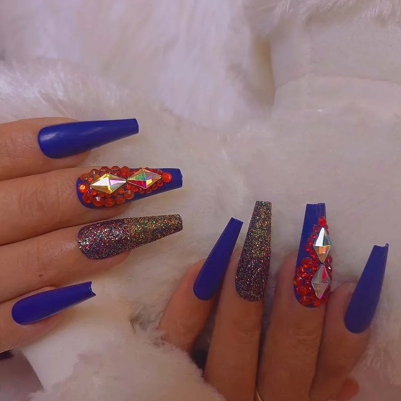 24pcs 2025 Internet celebrity style coffin fake nails deep blue press on nails crystal diamond Festival party gifts