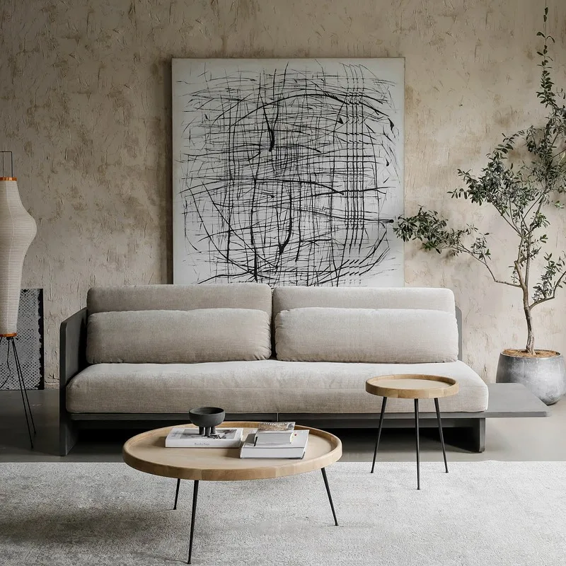 Tavolo da tè rotondo moderno e semplice per soggiorno, divano, gambe in legno