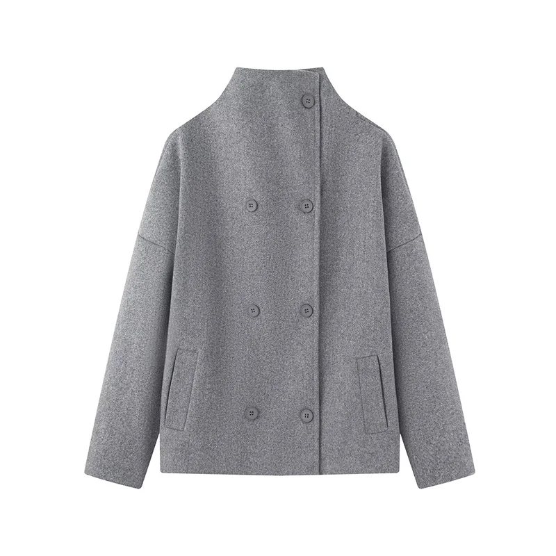Damska kurtka 2025 zima nowa jednolita kolorystyka długi rękaw dwurzędowa stójka prosty krótki płaszcz stylowy i modny