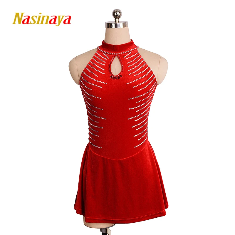 

Nasinaya Figure Skating Dress Customized Competition Ice Skating Skirt for Girl Women Kids Gymnastics Red Velvet Shiny