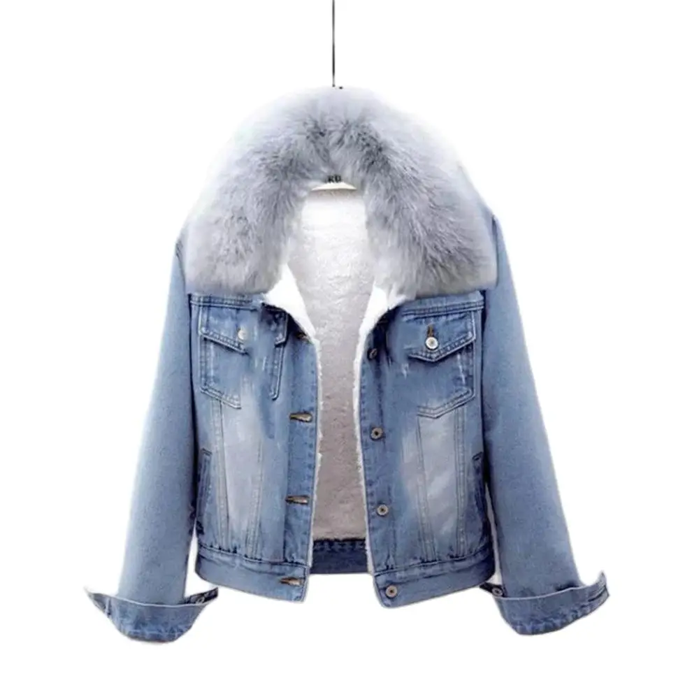 Big Faux Fur Collar Denim Jacket Women Winter Hooded Warm Jean Jacket Student Basic Short Parkas Female Bomber Coat