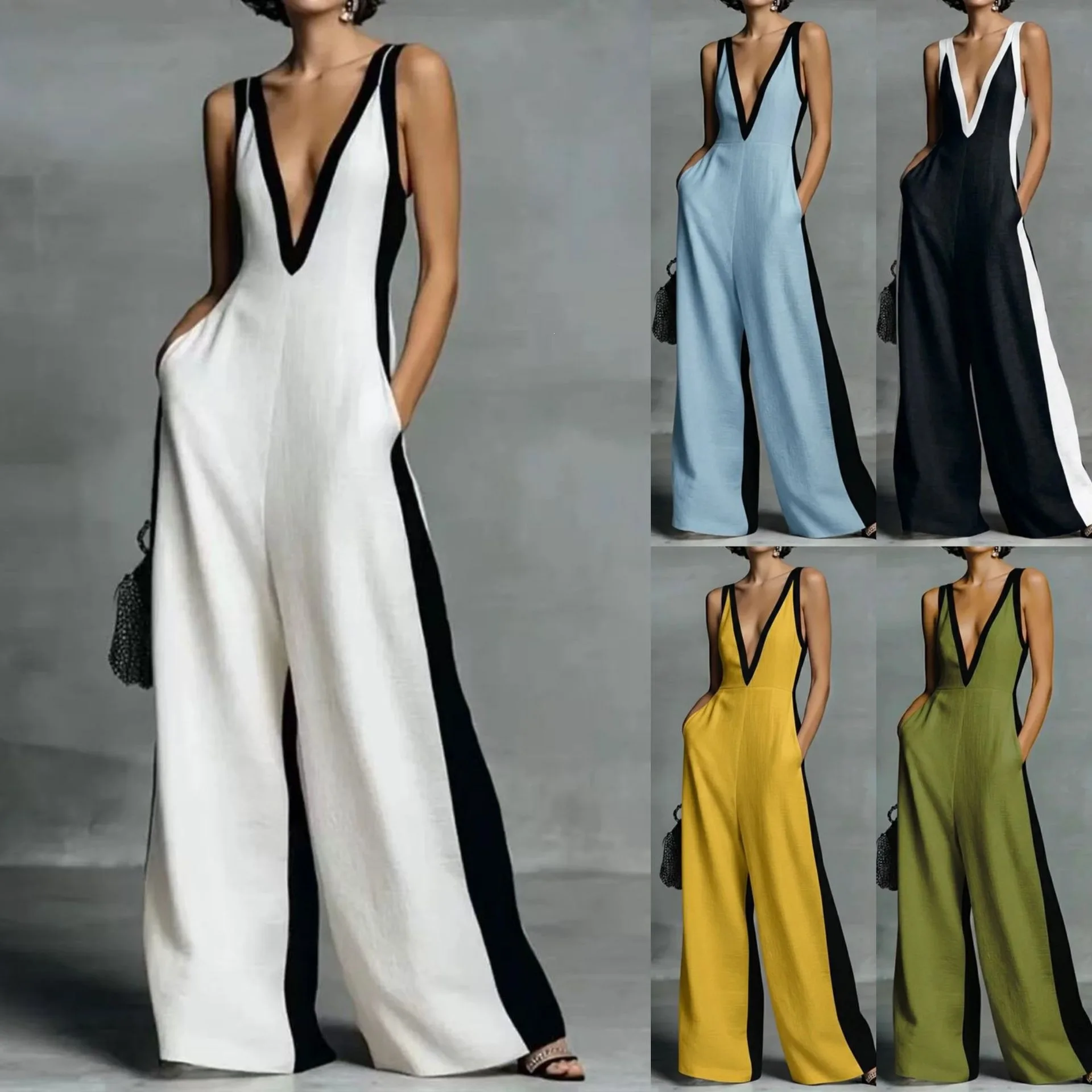 Women's Color Block V Neck Jumpsuit, Sleeveless Wide Leg Romper With Pockets for Party Work Date
