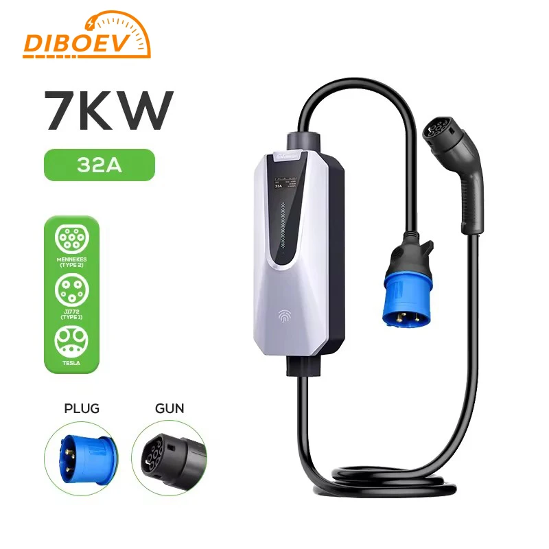 DIBOEV Electric Car Charger IEC62196 Type2 Level2 Fast Charging 10- 32A 7kw Portable EV Charger with Control box 5 meters Cable