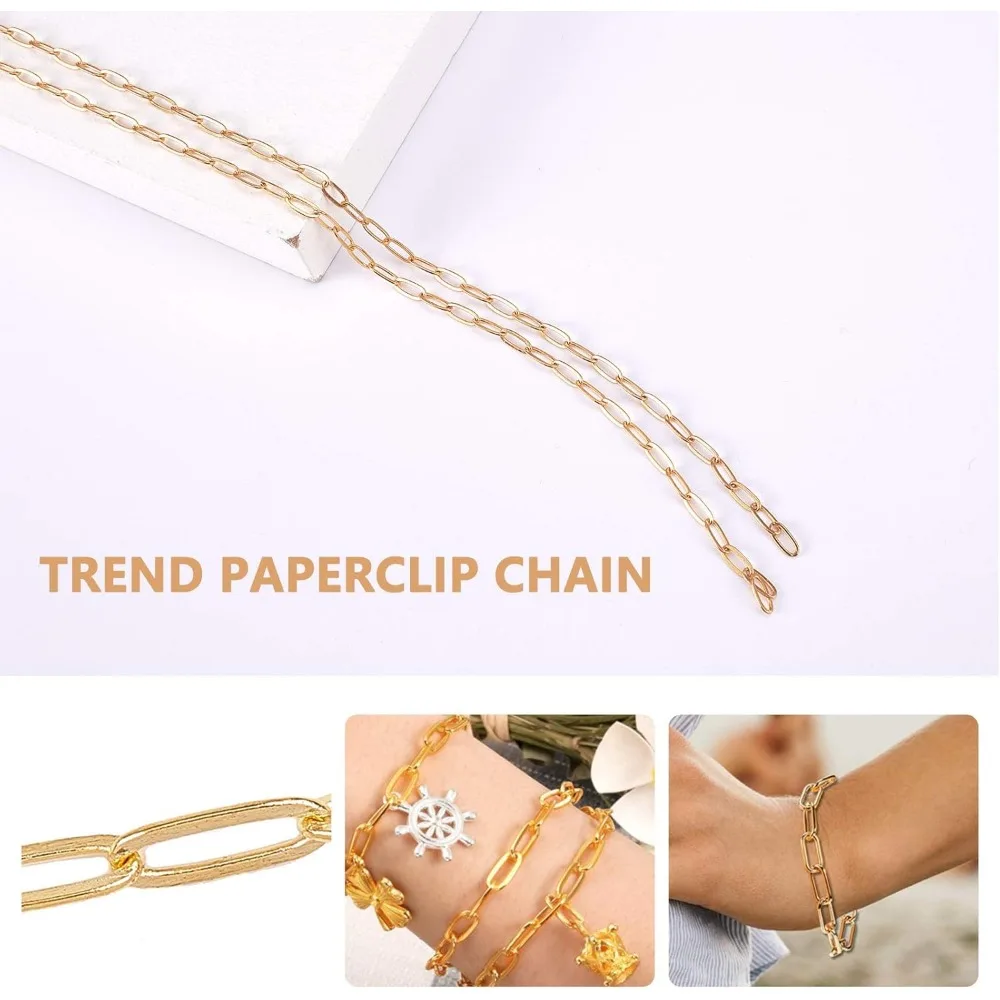 32 pés de ouro clipe de papel correntes link carretel colar em massa comprimento 7.6mm largura 2.6mm para mulheres jóias colar pulseira pingente kit