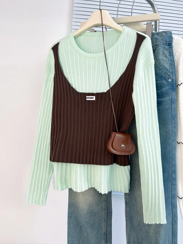 

Mint Green Knitted Sweater Women's Korean Style Loose Fit Long Sleeve round Neck Spring Early New Arrival plus Size Top